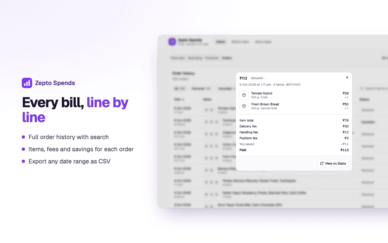Orders: every bill line by line, with fees and savings for each order